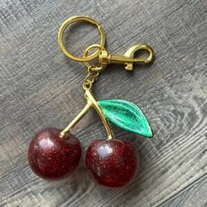 Cherry Bag Purse Charm Keychain Glitter Red Gold Painted Leave